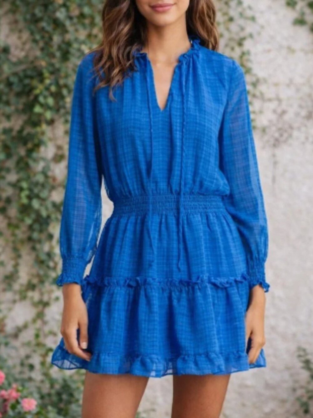 NSR Nordstrom Blue Plaid Smocked Waist Mini Dress Size XL